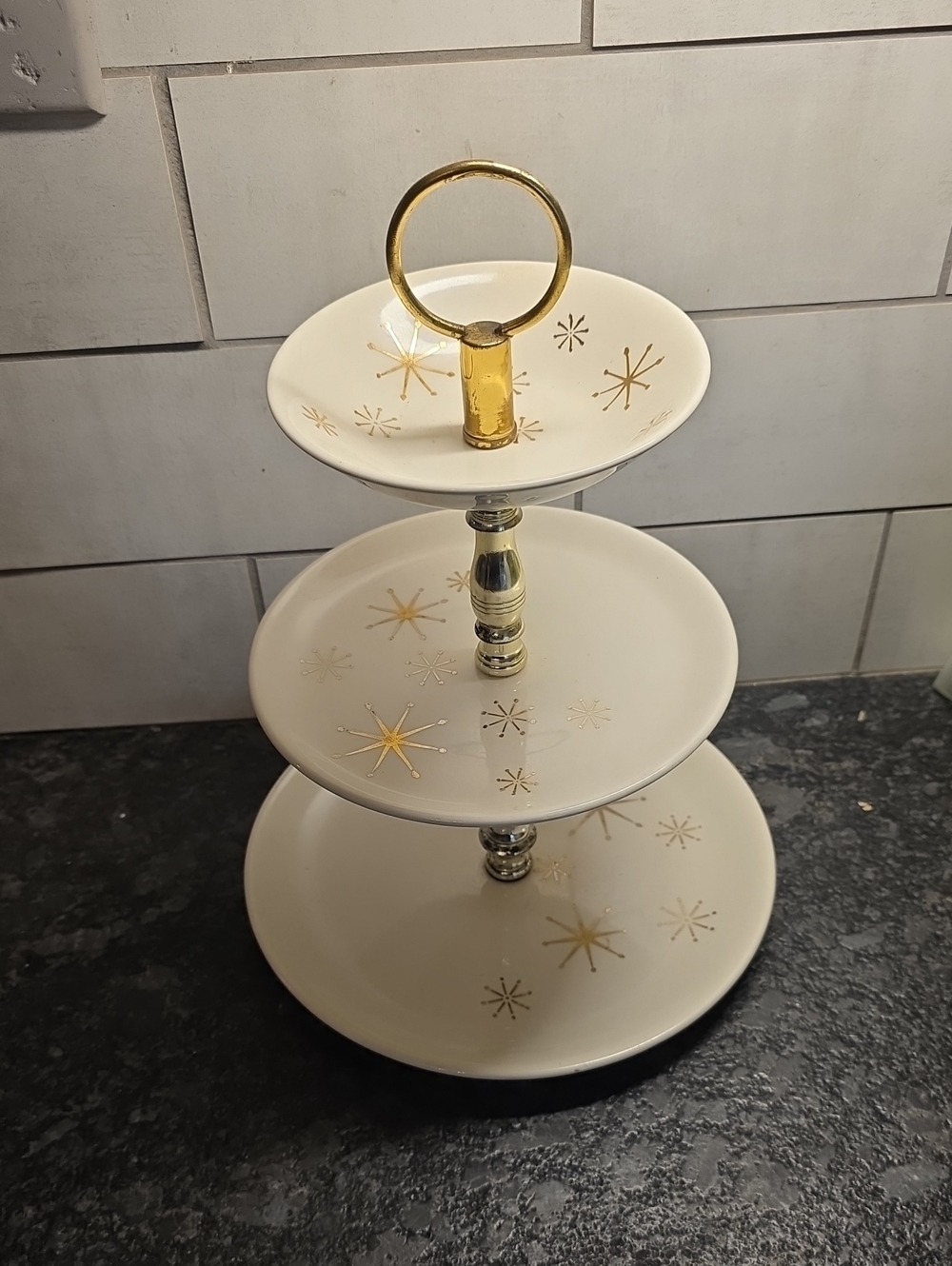 Atomic Three-Tier Ceramic Serving Stand with Gold Star Detail